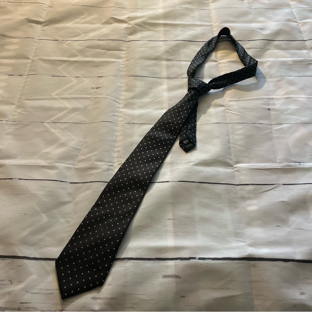 Black 100% Silk Tie with White Squares, CM Gold Series Stain Resistant